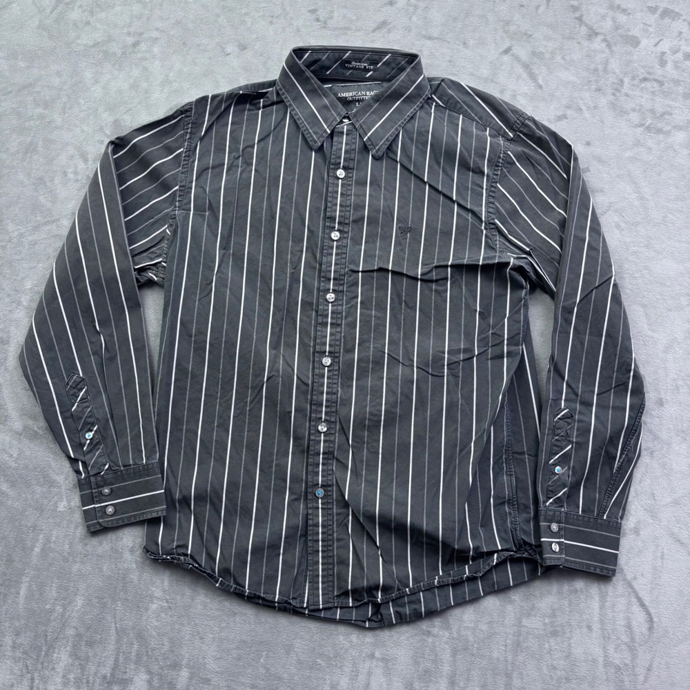 American Eagle Outfitters Mens Large Vintage Fit Striped Button Down Shirt Black